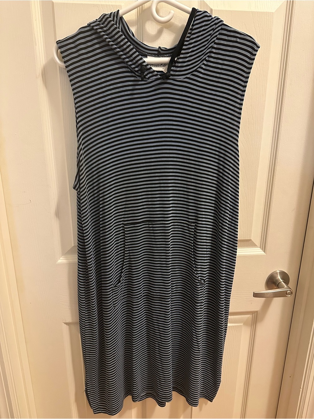 Chico's Sleeveless Hooded Midi Dress in Black and Light Blue Stripes